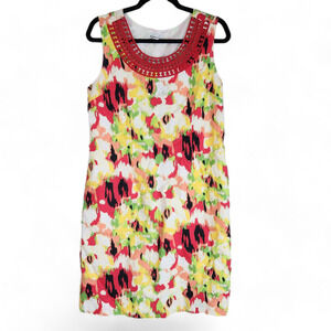 Kim Rogers Womens Dress 12 100% Linen Watercolor Floral Sleeveless Knee Length